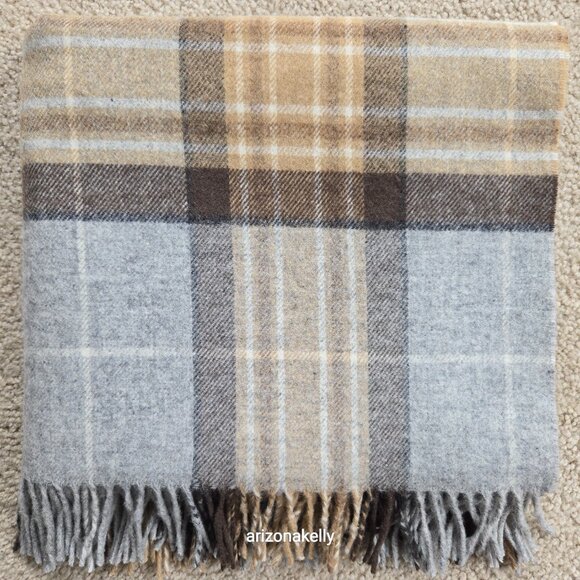 NWOT Bronte By Moon Merino Wool Wrap Plaid Tan Brown & Grey - Picture 16 of 16